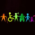 Vibrant paper cutouts of diverse figures on a black background promote inclusion and diversity.